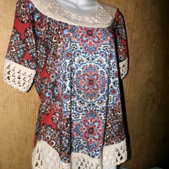 One World Live and Let Live Womens Top Boho with Crochet Trim Medium - Picture 6 of 9